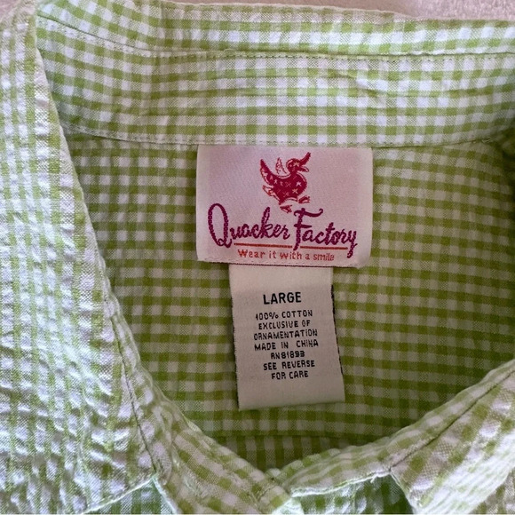 Quaker Factory Blouse Lime Green White Cherry Embroidered Gingham 90s Large - Picture 6 of 8